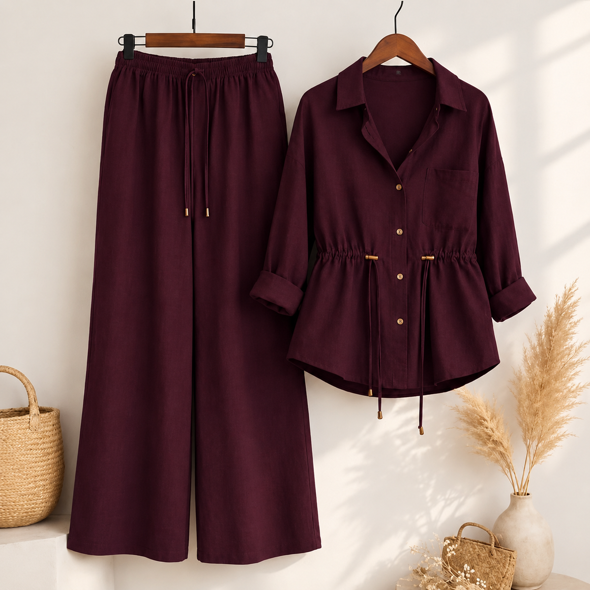 Luxe Breeze Wine Two-Piece Co-Ord Set