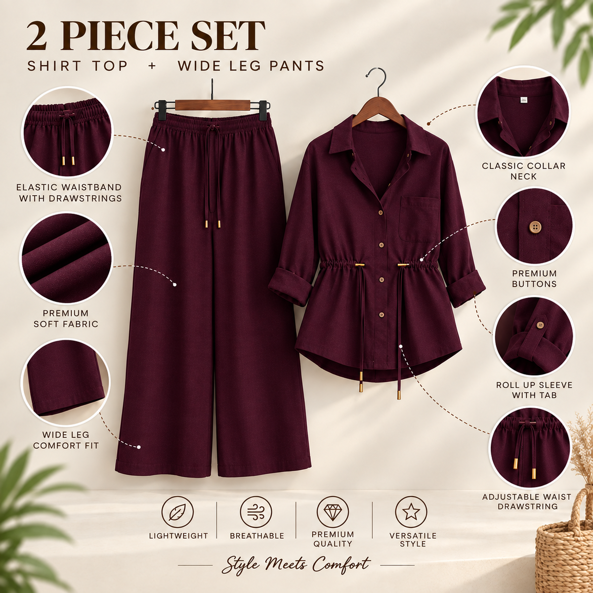 Luxe Breeze Wine Two-Piece Co-Ord Set